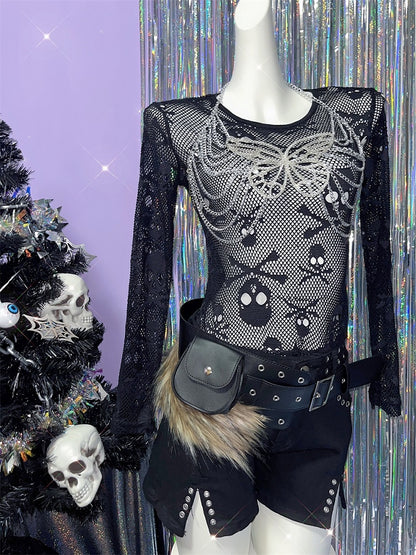 Schwarzer Gürtel mit Kunstpelzbesatz und Schnalle + Gürteltasche mit Druckknopf