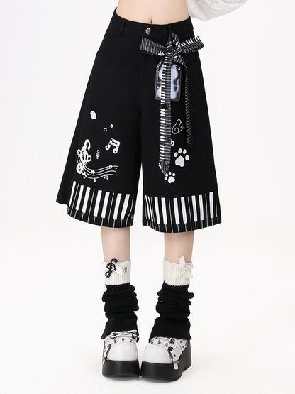 Piano Key Print Wide-Leg Pants with Belt Set - CRAZY GIRL