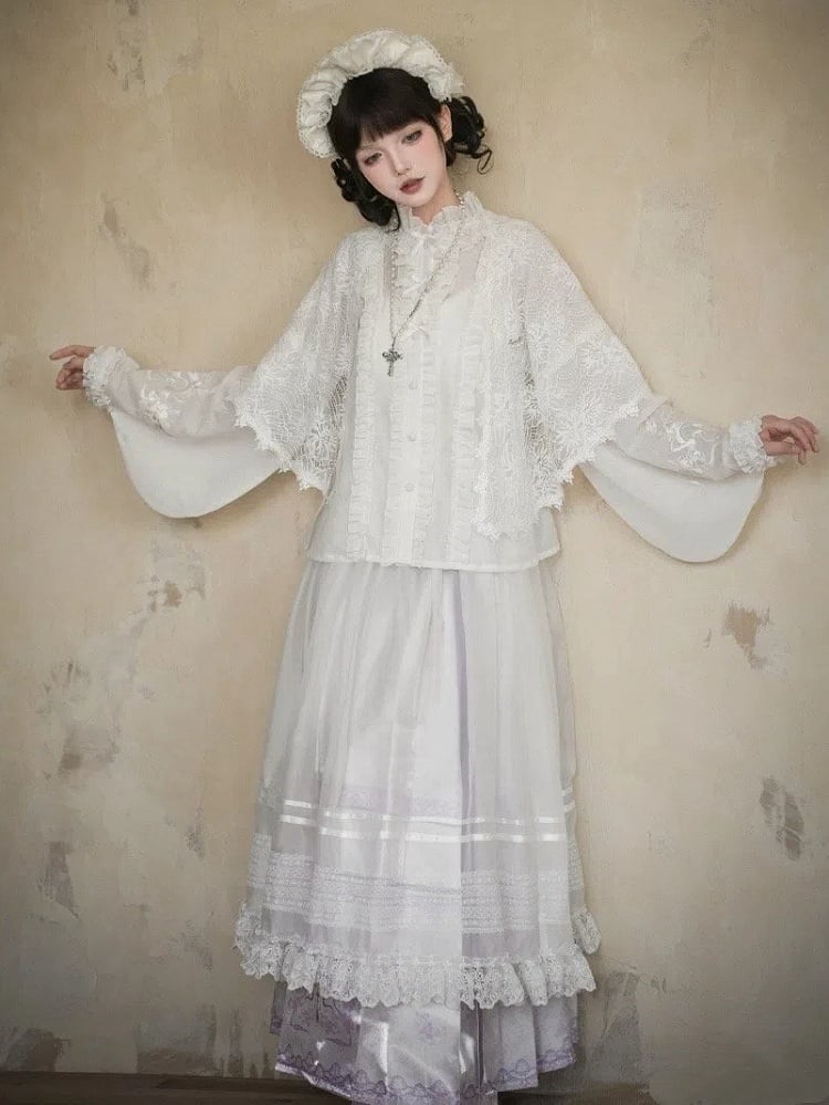 ロングスカート 花柄袖 パープル + ロリータプリント 漢馬顔とライトブラウス ホワイトセット フルスネーク