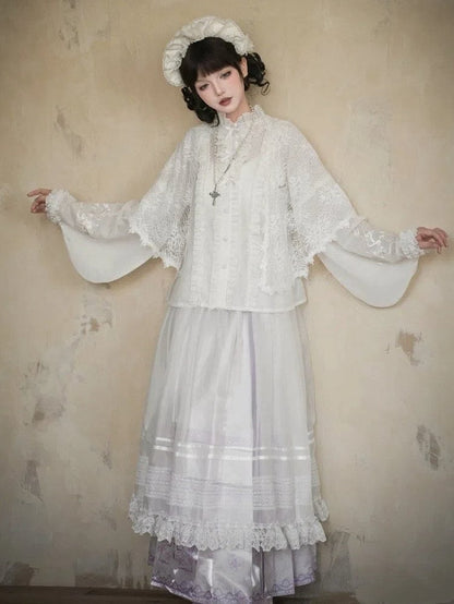 ロングスカート 花柄袖 パープル + ロリータプリント 漢馬顔とライトブラウス ホワイトセット フルスネーク