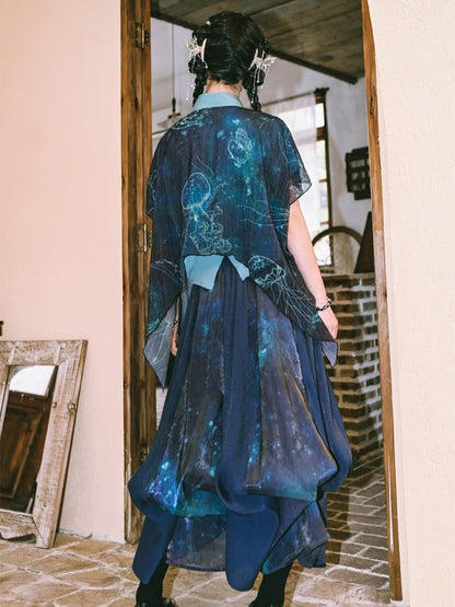 Gradient Convertible Hem Jellyfish Print Skirt with Bubble Blue