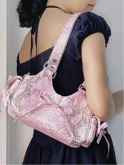 Daily Bowknot with Ita Style Embossing 2 Spicy Bag Ways Pink Snakeskin Girl