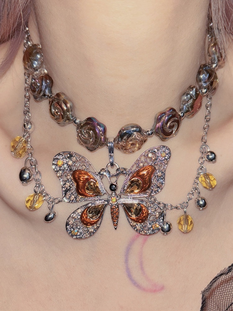 Necklace Beaded Butterfly Pendant Blue/Brown