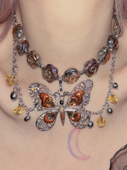 Necklace Beaded Butterfly Pendant Blue/Brown