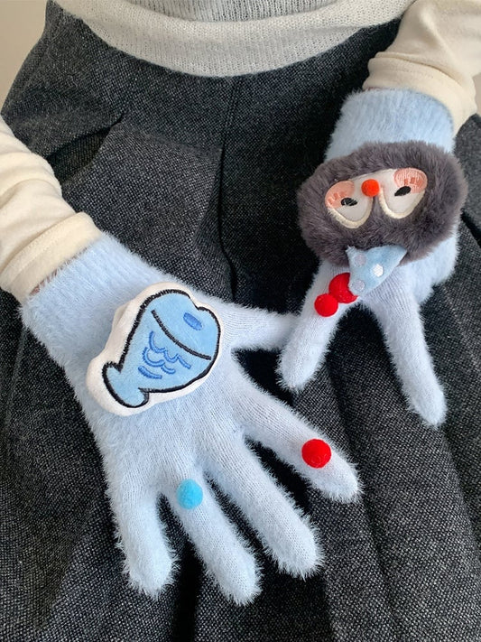Faux (2 Fur Colors) Gloves Penguin Fish