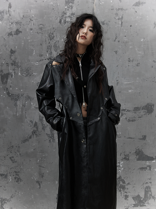 Punk Coat - Design Cuffs Long Buckle Patchwork PU Cutout