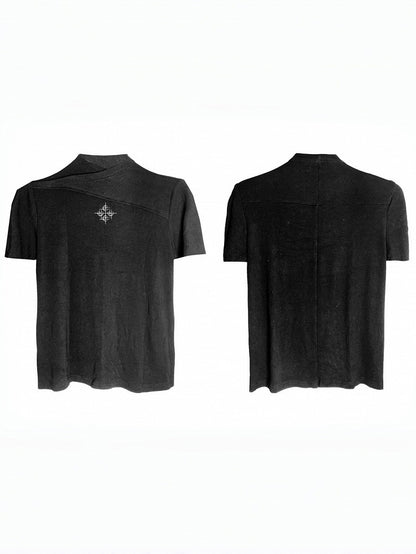 Unisex Black Cross-Collar Short-Sleeve Knitwear - DETW OnLine