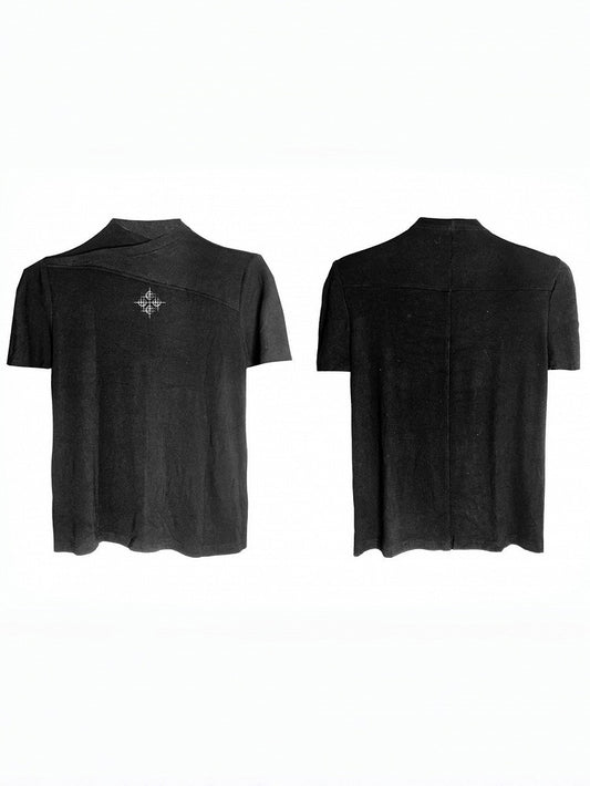 Unisex Black Cross-Collar Short-Sleeve Knitwear - DETW OnLine
