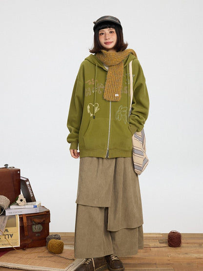 Print Zip Olive Hoodie Placket Kawaii Hood - Drawstring Green Letter Two-way