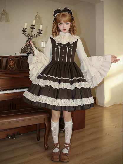 アプリコットのフリルネックライン、レイヤードベルスリーブブラウス