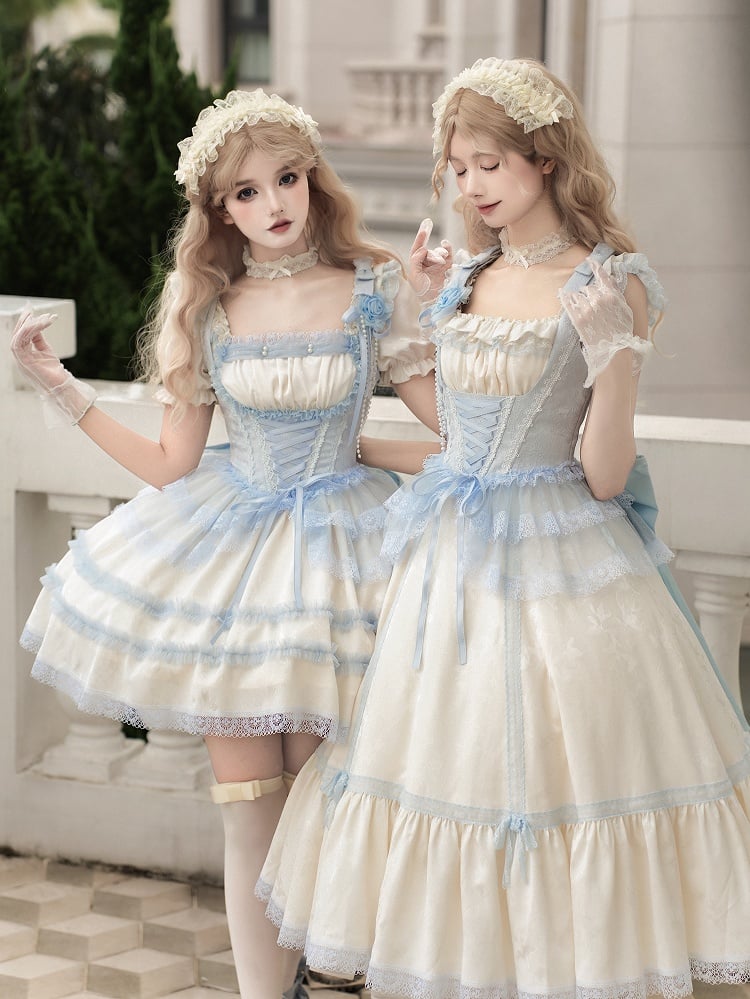 Neckline Blue Waist Full and Beige Lolita Versatile Fit JSK Set Light Slim