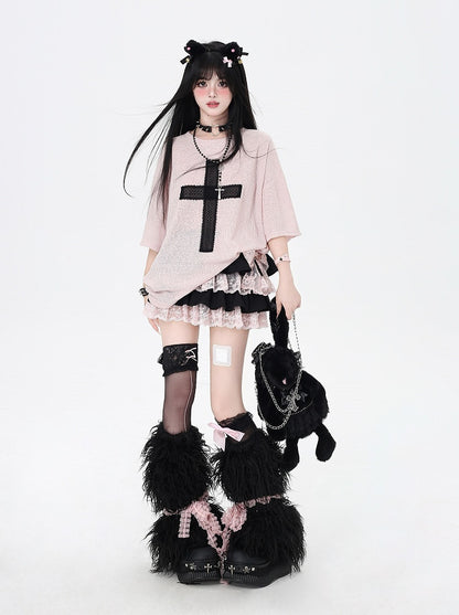 Y2K Waist Pink Lace Trim Black Elastic Tiered Skirt Contrast