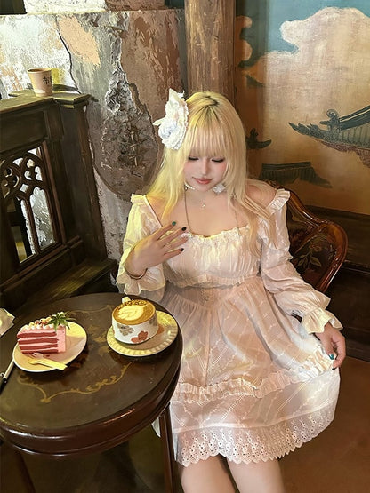 with Floral White Basque Waist Dress and Trim Lace Decoration Plus Neckline Size