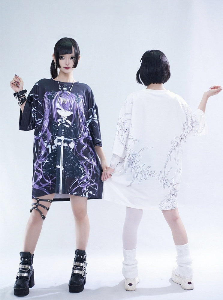 Oversized Anime Girl Print Tee - Tribuo Flos