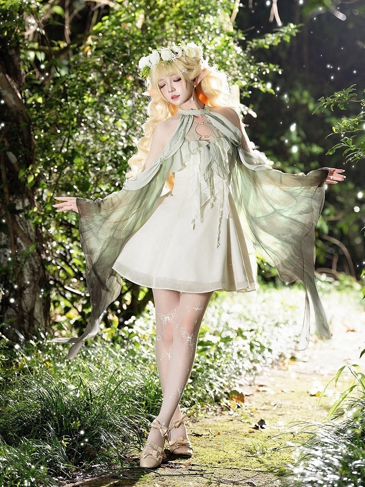 Mori Fairy Green Beige Halter Lolita Gown with Cutout Lace Accents - Unknown Star