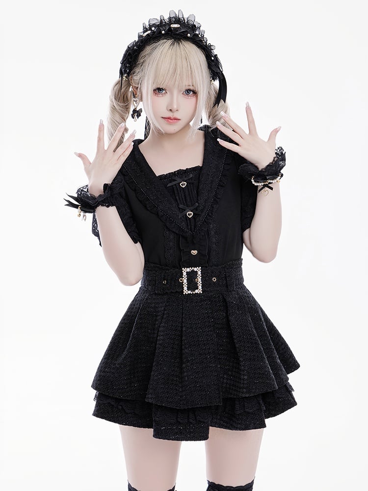 Jirai Kei Sailor Collar Black Rhinestone Short Sleeves Blouse Sweetheart Bowknot and Decorations