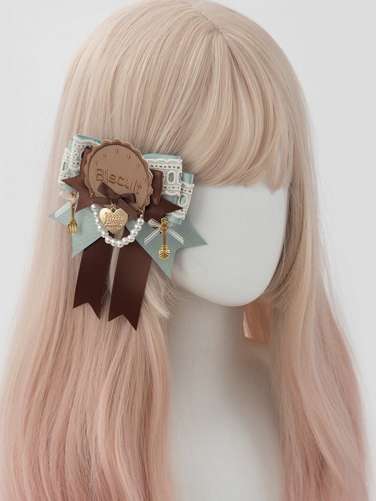 Tea Sweet Bowknot Green Hairclip/Brooch Mint Lolita 2 Biscuit Chocolate Options Party Style