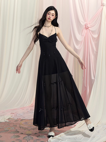 Black Halter Neck Dress Slip Ways Accents Two V-Neck Bowknot Chiffon Wear Backless