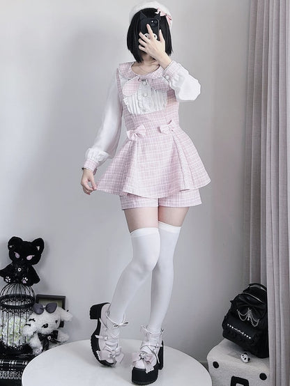 Kei Design Ärmel Top Plaid Outfit-Plisseeing + Details Jirai Bowknot Shorts Rosa Lange