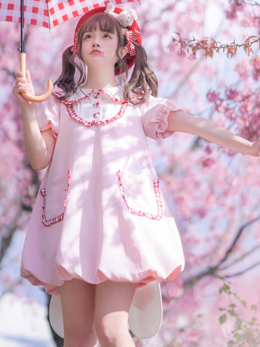 ライトピンクのウサギ耳ピーターパンカラーバブルスカートドレス