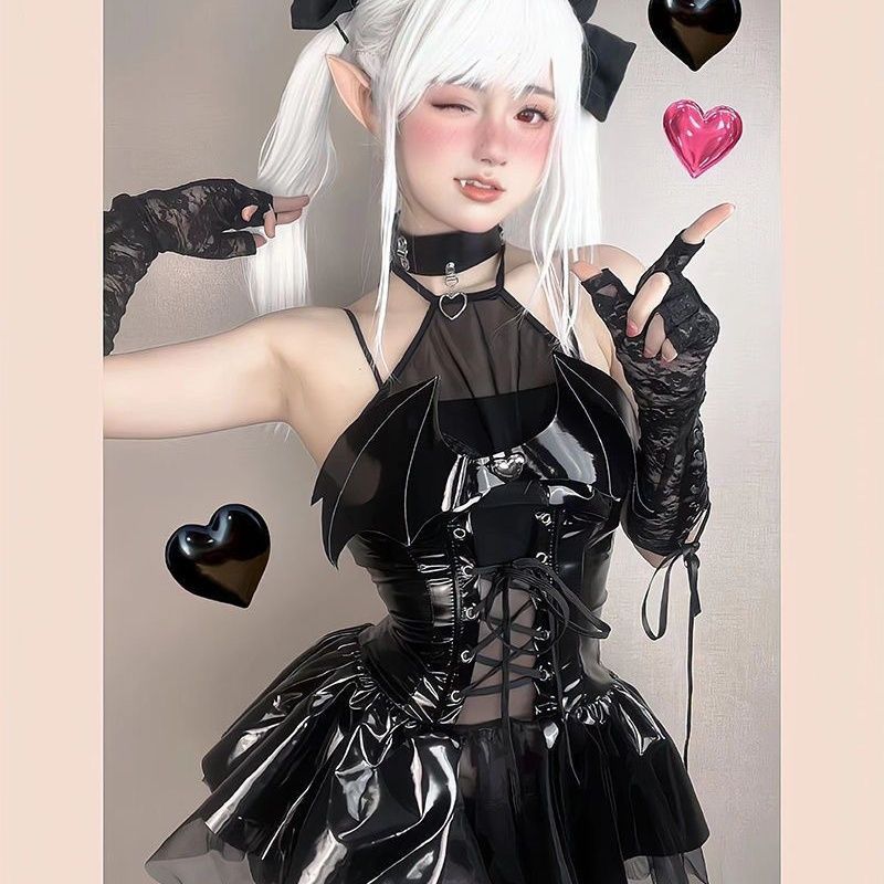 Little Devil Cosplay Set - Sexy PU Leather Mini Dress JK Uniform