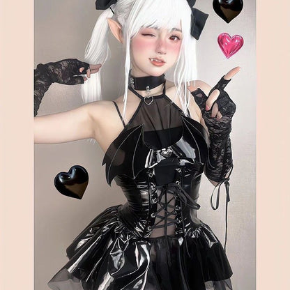 Little Devil Cosplay Set - Sexy PU Leather Mini Dress JK Uniform