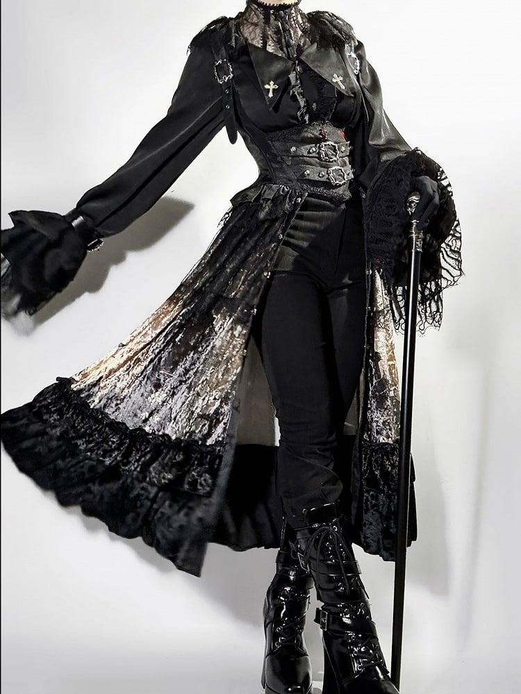 Black Pointed Collar Embroidered Cross Gothic Shirt with Arm Straps - Jailbird Hotel