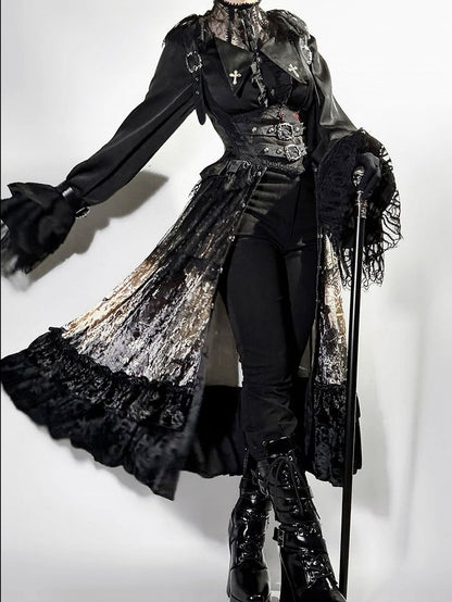 Black Pointed Collar Embroidered Cross Gothic Shirt with Arm Straps - Jailbird Hotel