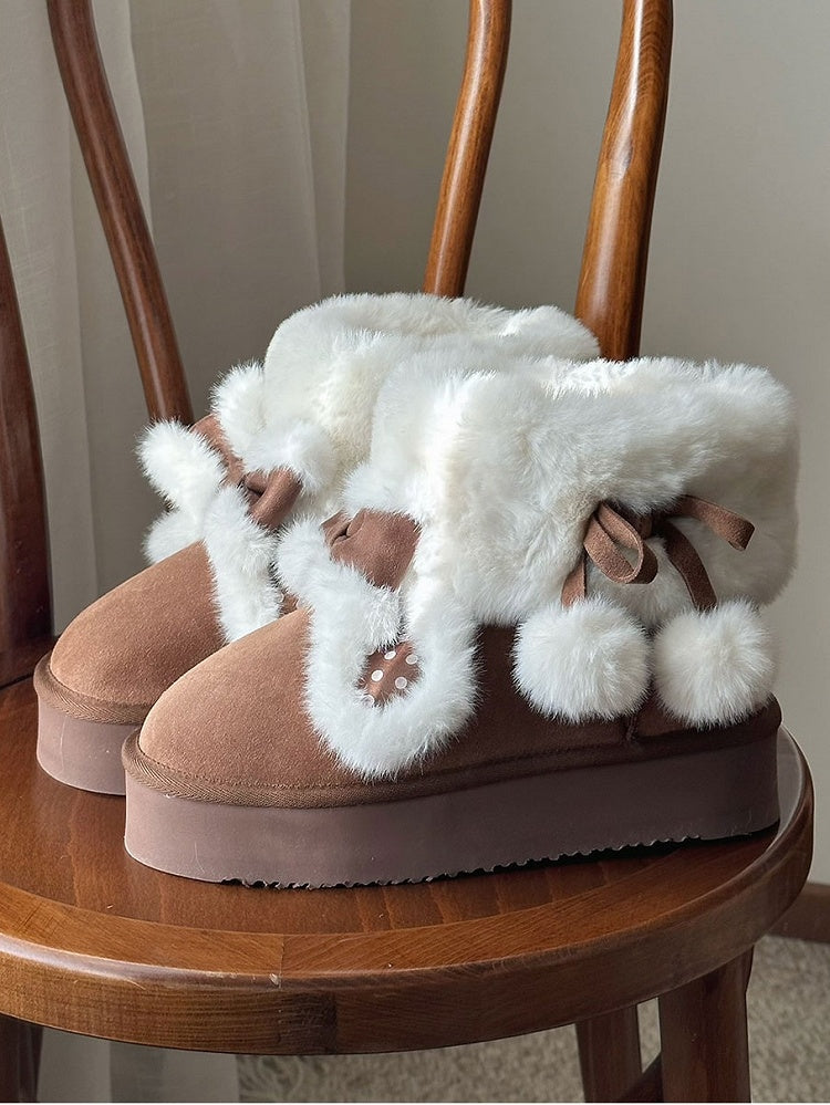 - Boots Dark Brown Snow Bunny Ears Sweet Lolita Dot Polka Platform Plush