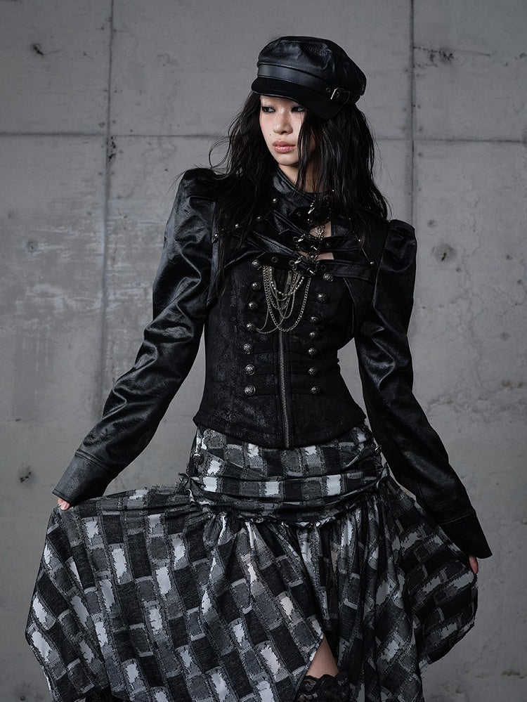 Jacket Punk with Vintage Studs PU Buckled Crop Straps Black