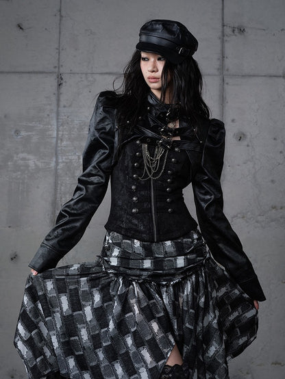 Jacket Punk with Vintage Studs PU Buckled Crop Straps Black