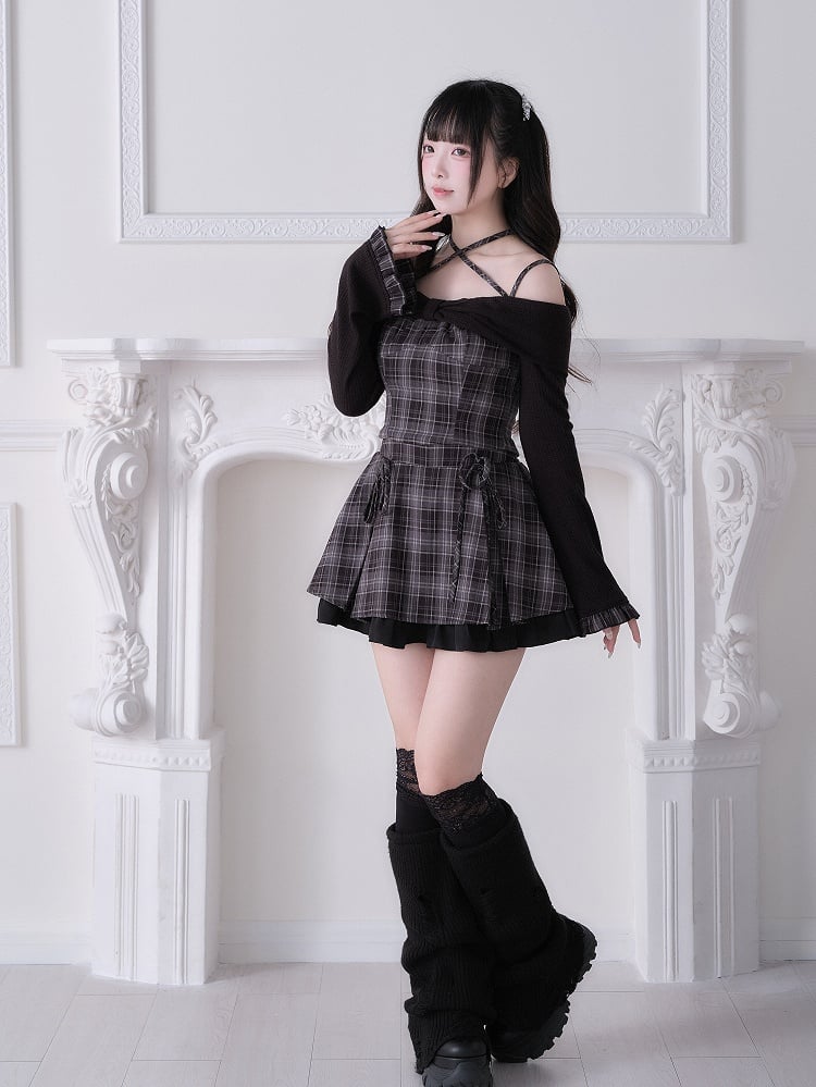 Black Plaid Set Design Off-Shoulder With Bow Long Top Strap Crisscross Ruffled Sleeve Jirai + Kei Skirt