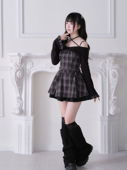 Black Plaid Set Design Off-Shoulder With Bow Long Top Strap Crisscross Ruffled Sleeve Jirai + Kei Skirt