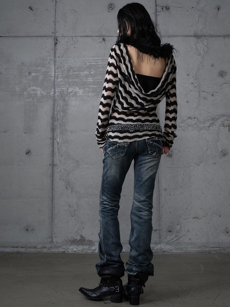 Jeans Light Studs Punk Patches Wash Blue Distressed with Plaid