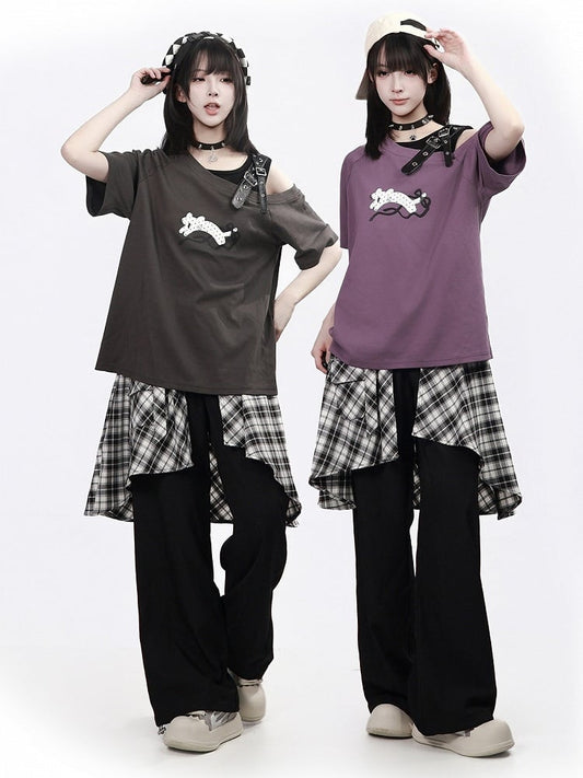 Asymmetrical Plaid Overlay Straight-Leg Pants - PINK SAVIOR