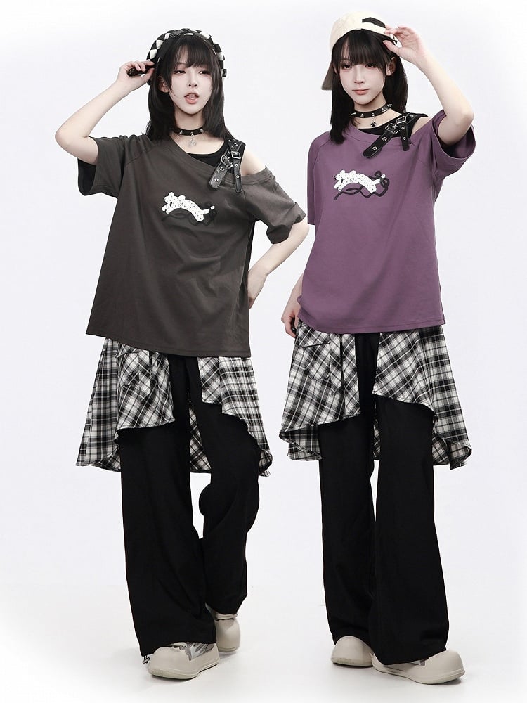 Gray Asymmetrical T-Shirt with Leopard Print and Buckle Strap - PINK SAVIOR