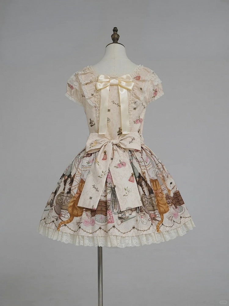 Beige Cat Print Square Neckline Sweet Lolita JSK Dress with Plush Cat Patch - NyaNya