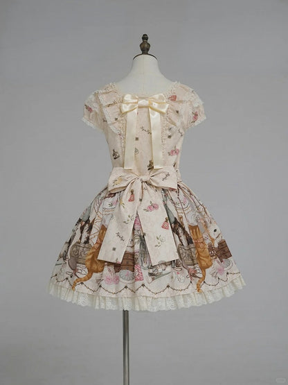 Beige Cat Print Square Neckline Sweet Lolita JSK Dress with Plush Cat Patch - NyaNya