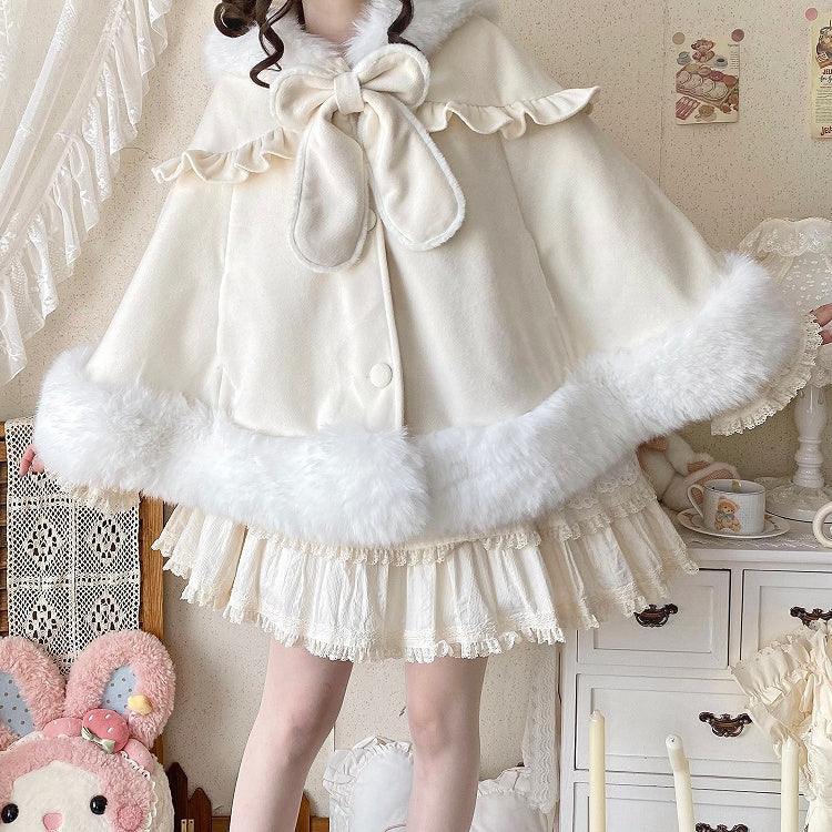 Lolita Winter with Plush Cape Lining Oversized Apricot Ears Bunny Hooded