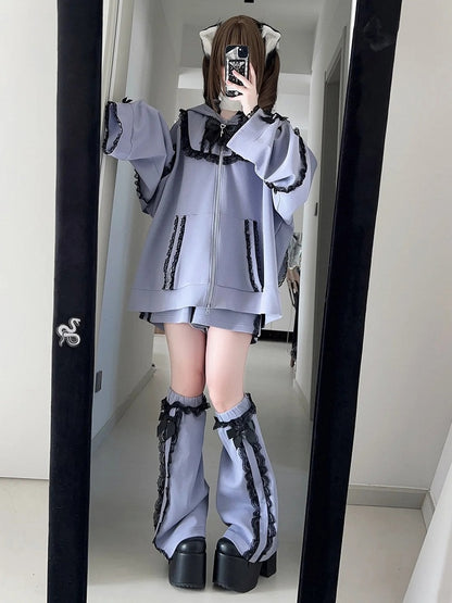 Zip + Shorts Pants - Hoodie Bunny Ear Warmers Kei Set Purple Jirai Leg Bow Tie