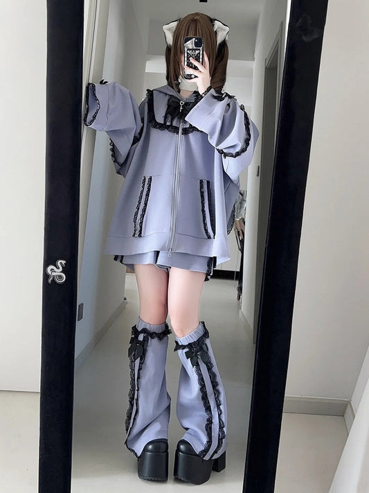 Zip + Shorts Pants - Hoodie Bunny Ear Warmers Kei Set Purple Jirai Leg Bow Tie