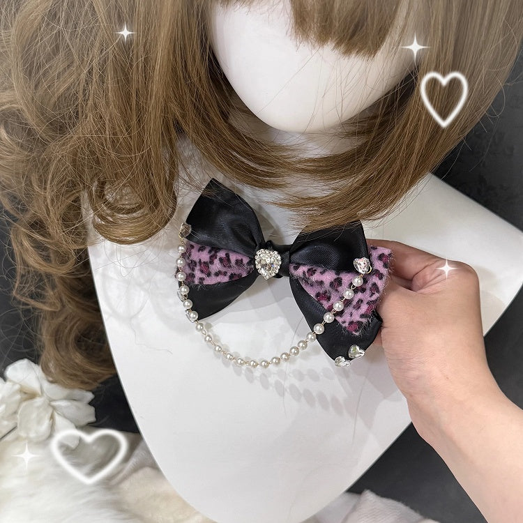 Bow Pearl 3 Color Print Chain Gem Leopard with Options Hairclip Heart and
