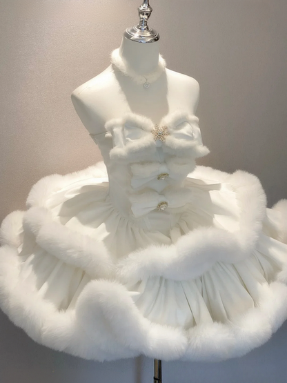 White Snowflake Bow-Adorned Bodice Winter Plush Strapless Dress - Diamond Honey