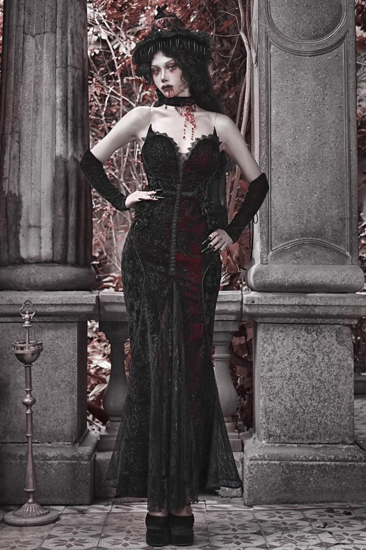 Black and Red Sleeveless High-Waisted Ruffle Lace Gothic Fishtail Dress