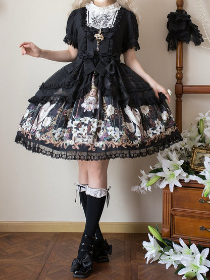 Lily and Puppet Doll Print Black Dark Gothic Lolita Short Sleeves Dress