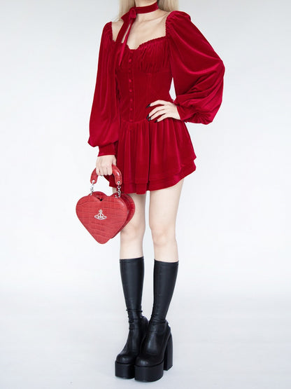 Red Velvet Balloon Sleeves Glamorous Tiered Skirt Mini Dress with Self-tie Scarf