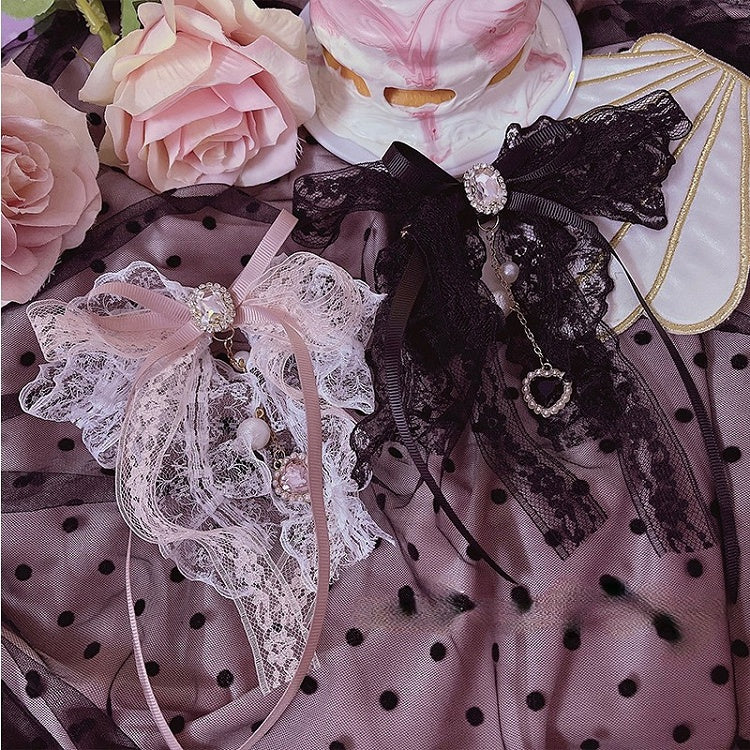 Heart Pendant Lace Bow Hairclip Rhinestone with Black/Pink