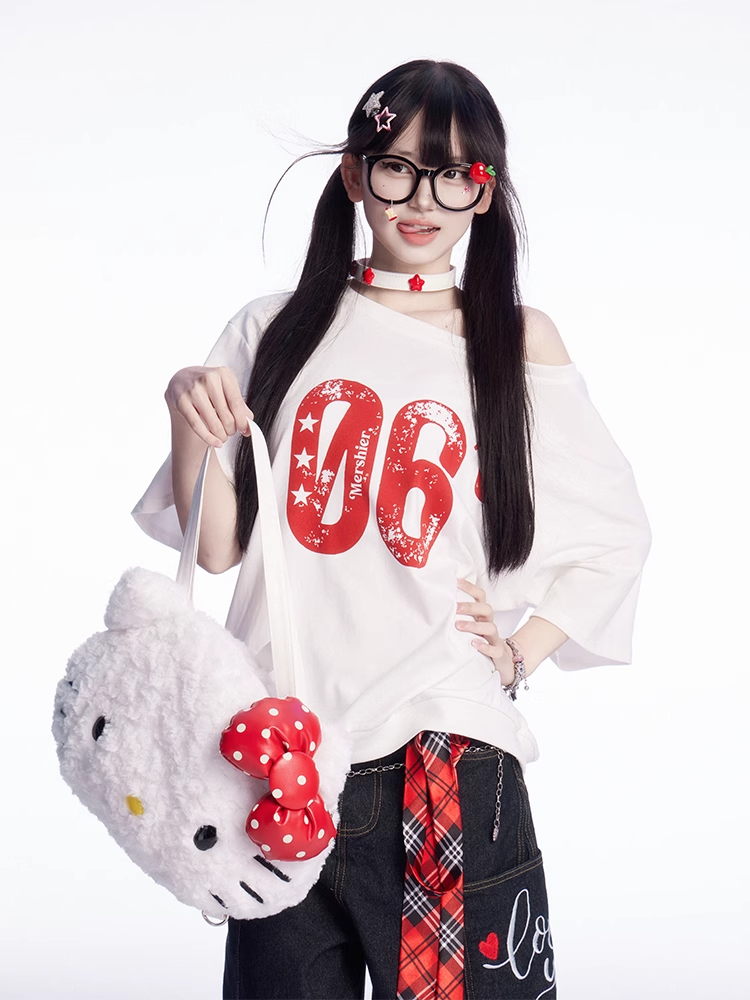 ヴィンテージナンバープリント ホワイト アシンメトリーネックライン Tシャツ