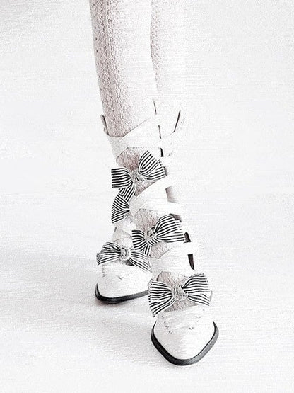 Detachable Striped Bow Gothic Pointed Toe Red Sole Boots with Cross Print - NRose