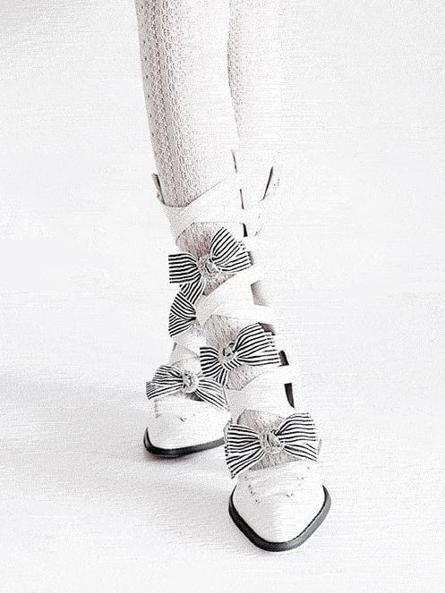 Pointed Toe White Boots with Striped Bow & Buckle Straps - NRose